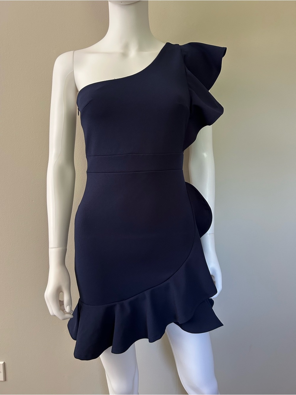 Just Me Navy Blue One Shoulder Ruffle Mini Dress Size S Asymmetrical